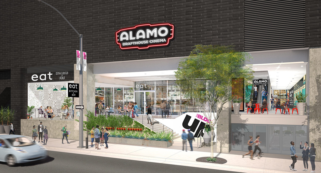 An artist's street-view rendering of Alamo Drafthouse, currently under construction in Los Angeles.